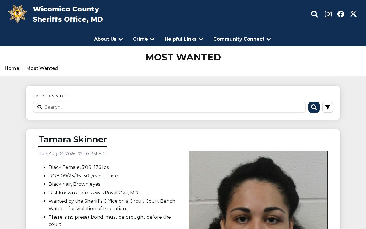Wicomico County Sheriff most wanted record page